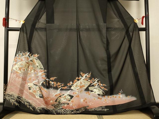 平和屋着物＊夏物　黒留袖　絽　扇子花鳥文　金彩　洗える着物　AABD6617jd 平和屋着物＊夏物 黒留袖 絽 扇子花鳥文 金彩 洗える着物 AABD6617jd