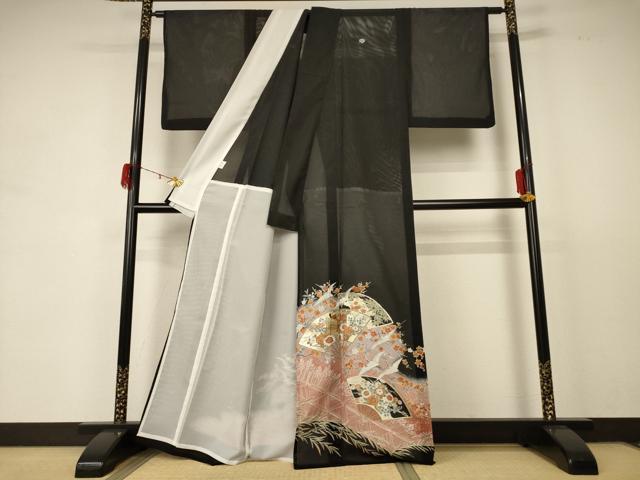 平和屋着物＊夏物　黒留袖　絽　扇子花鳥文　金彩　洗える着物　AABD6617jd 平和屋着物＊夏物 黒留袖 絽 扇子花鳥文 金彩 洗える着物 AABD6617jd