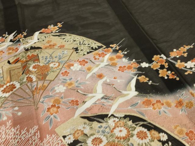 平和屋着物＊夏物 黒留袖 絽 扇子花鳥文 金彩 洗える着物 AABD6617jd