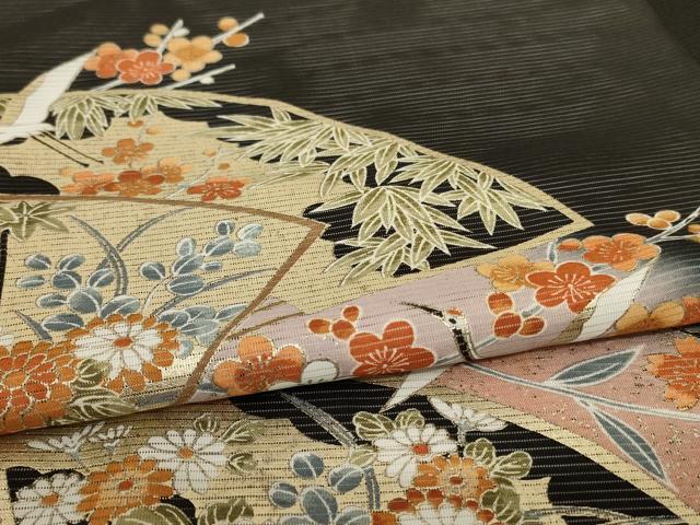 平和屋着物＊夏物　黒留袖　絽　扇子花鳥文　金彩　洗える着物　AABD6617jd 平和屋着物＊夏物 黒留袖 絽 扇子花鳥文 金彩 洗える着物 AABD6617jd