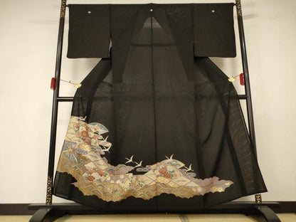 平和屋着物＊夏物 黒留袖 絽 地紙花鳥文 金彩 洗える着物 AABD6619jd