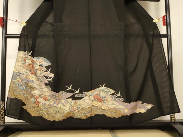 平和屋着物＊夏物 黒留袖 絽 地紙花鳥文 金彩 洗える着物 AABD6619jd