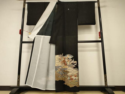 平和屋着物＊夏物 黒留袖 絽 地紙花鳥文 金彩 洗える着物 AABD6619jd