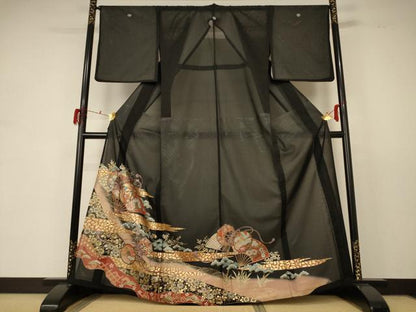平和屋着物＊夏物 黒留袖 絽 扇子鼓文 金彩 洗える着物 AABD6620jd