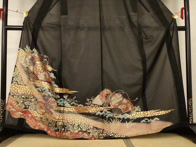 平和屋着物＊夏物 黒留袖 絽 扇子鼓文 金彩 洗える着物 AABD6620jd