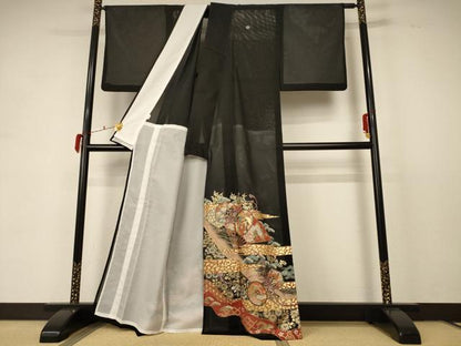 平和屋着物＊夏物 黒留袖 絽 扇子鼓文 金彩 洗える着物 AABD6620jd