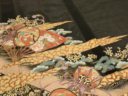 平和屋着物＊夏物 黒留袖 絽 扇子鼓文 金彩 洗える着物 AABD6620jd