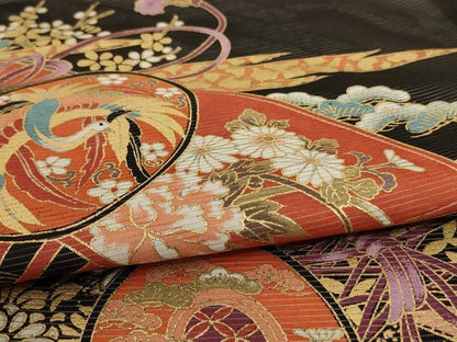 平和屋着物＊夏物 黒留袖 絽 扇子鼓文 金彩 洗える着物 AABD6620jd