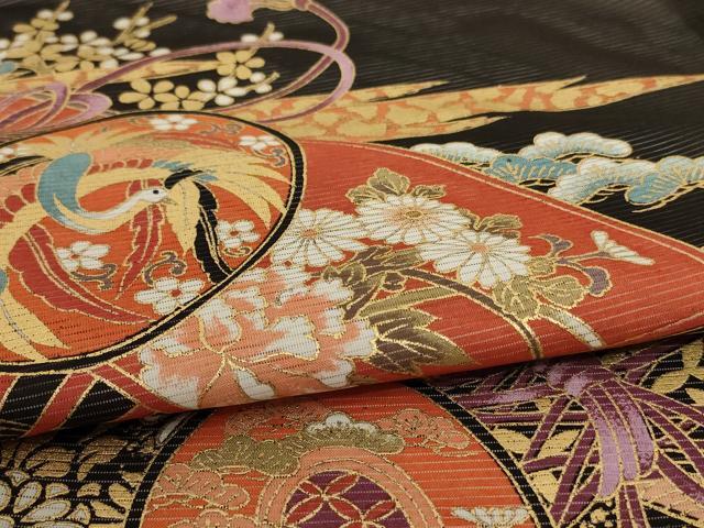 平和屋着物＊夏物 黒留袖 絽 扇子鼓文 金彩 洗える着物 AABD6620jd