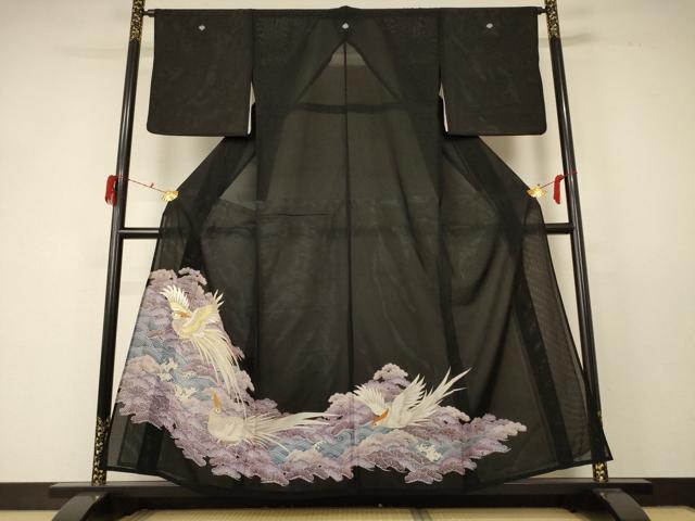 平和屋着物＊夏物　黒留袖　絽　刺繍　飛鳥文　金彩　洗える着物　AABD6623jd