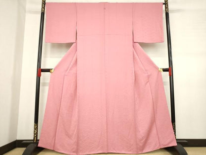 平和屋着物●上質な色無地 菱繋ぎ松地紋 甚三紅色 正絹 逸品 AABD6710ck