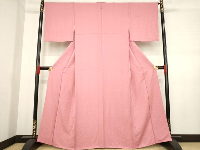 平和屋着物●上質な色無地 菱繋ぎ松地紋 甚三紅色 正絹 逸品 AABD6710ck