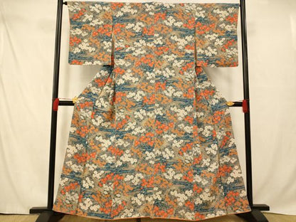 平和屋着物■上質な小紋　流水草花文　お召ちりめん　正絹　逸品　AABD6906fw