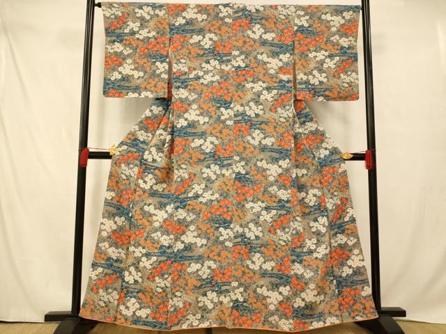 平和屋着物■上質な小紋　流水草花文　お召ちりめん　正絹　逸品　AABD6906fw
