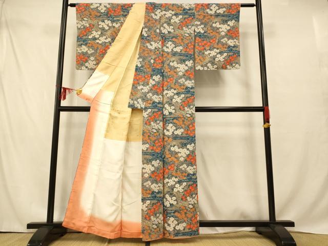 平和屋着物■上質な小紋　流水草花文　お召ちりめん　正絹　逸品　AABD6906fw