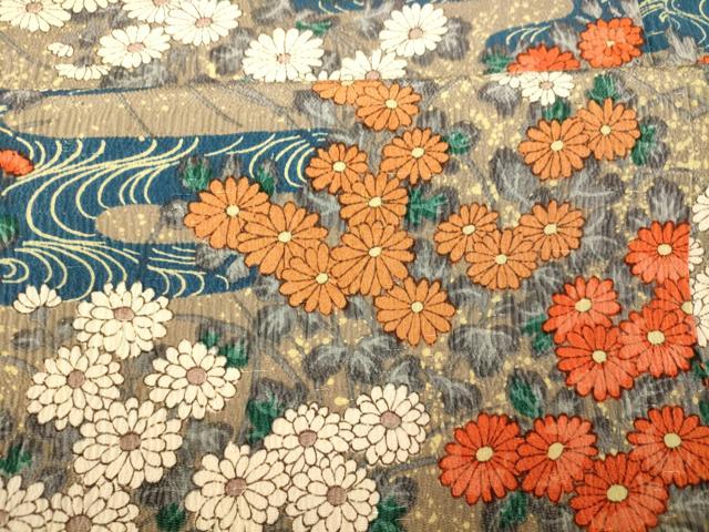 平和屋着物■上質な小紋　流水草花文　お召ちりめん　正絹　逸品　AABD6906fw