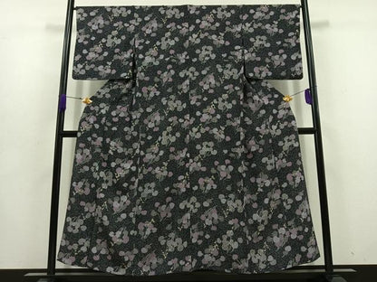 平和屋着物▽上質な小紋 単衣 草花文 黒地 正絹 逸品 AABD6969jh