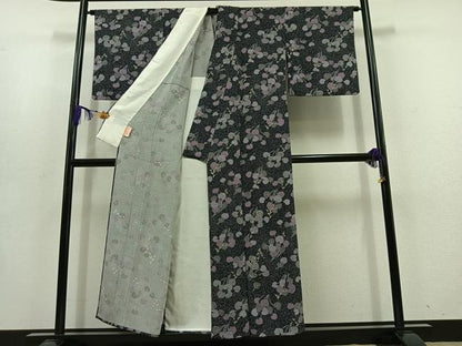 平和屋着物▽上質な小紋 単衣 草花文 黒地 正絹 逸品 AABD6969jh