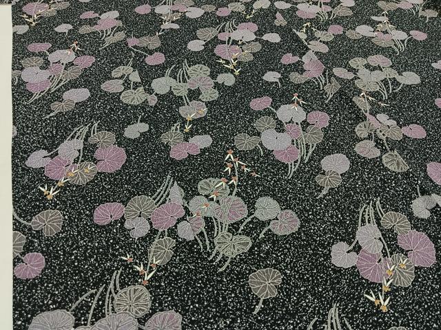 平和屋着物▽上質な小紋 単衣 草花文 黒地 正絹 逸品 AABD6969jh