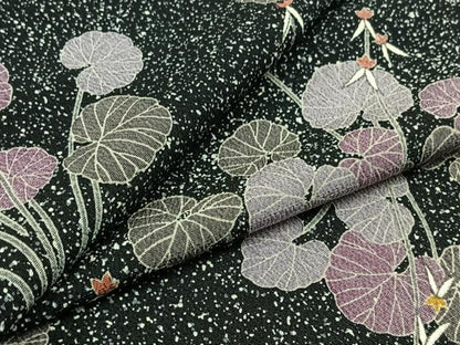 平和屋着物▽上質な小紋 単衣 草花文 黒地 正絹 逸品 AABD6969jh