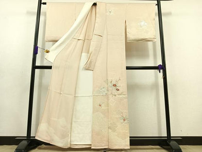 平和屋着物▽訪問着 単衣 刺繍 松皮菱花文 金銀彩 金糸 正絹 逸品 AABD6975jh