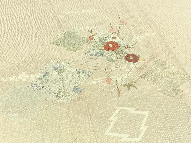 平和屋着物▽訪問着 単衣 刺繍 松皮菱花文 金銀彩 金糸 正絹 逸品 AABD6975jh