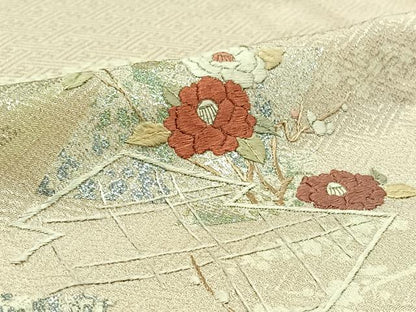 平和屋着物▽訪問着 単衣 刺繍 松皮菱花文 金銀彩 金糸 正絹 逸品 AABD6975jh
