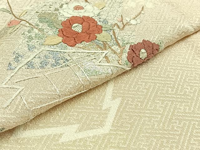 平和屋着物▽訪問着 単衣 刺繍 松皮菱花文 金銀彩 金糸 正絹 逸品 AABD6975jh