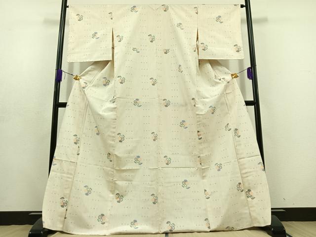 平和屋着物▽上質な紬 単衣 草花文 正絹 逸品 AABD6976jh