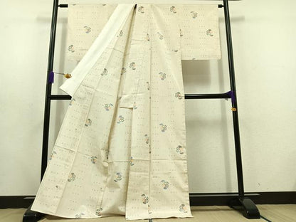 平和屋着物▽上質な紬 単衣 草花文 正絹 逸品 AABD6976jh