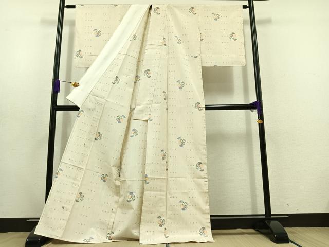 平和屋着物▽上質な紬 単衣 草花文 正絹 逸品 AABD6976jh
