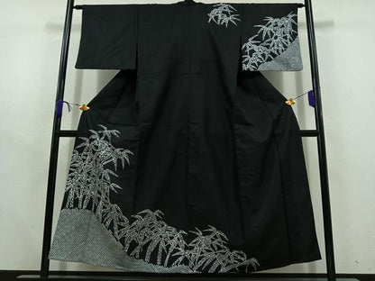 平和屋着物▽訪問着 単衣 笹竹文 黒地 洗える着物 AABD6982jh