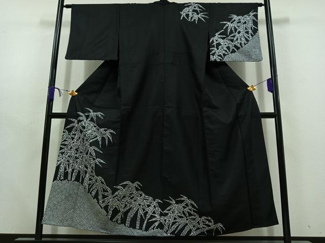 平和屋着物▽訪問着 単衣 笹竹文 黒地 洗える着物 AABD6982jh
