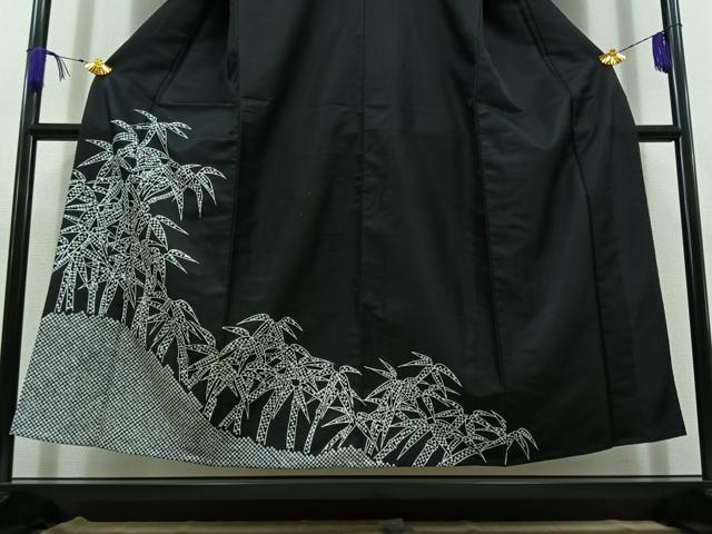 平和屋着物▽訪問着 単衣 笹竹文 黒地 洗える着物 AABD6982jh