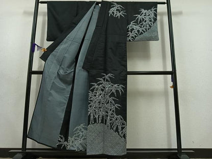 平和屋着物▽訪問着 単衣 笹竹文 黒地 洗える着物 AABD6982jh