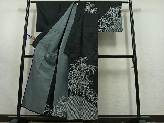 平和屋着物▽訪問着 単衣 笹竹文 黒地 洗える着物 AABD6982jh