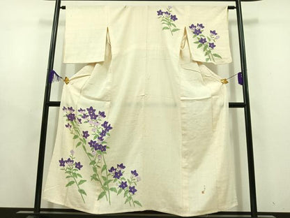 平和屋着物▽新田玉鳳 訪問着 単衣 生紬地 手描き 草花文 正絹 逸品 AABD6983jh