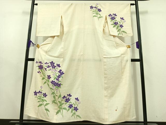 平和屋着物▽新田玉鳳 訪問着 単衣 生紬地 手描き 草花文 正絹 逸品 AABD6983jh