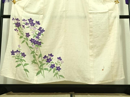 平和屋着物▽新田玉鳳 訪問着 単衣 生紬地 手描き 草花文 正絹 逸品 AABD6983jh