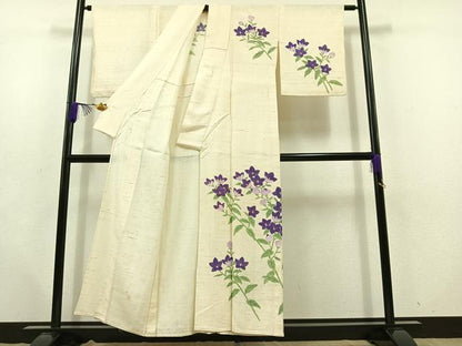 平和屋着物▽新田玉鳳 訪問着 単衣 生紬地 手描き 草花文 正絹 逸品 AABD6983jh