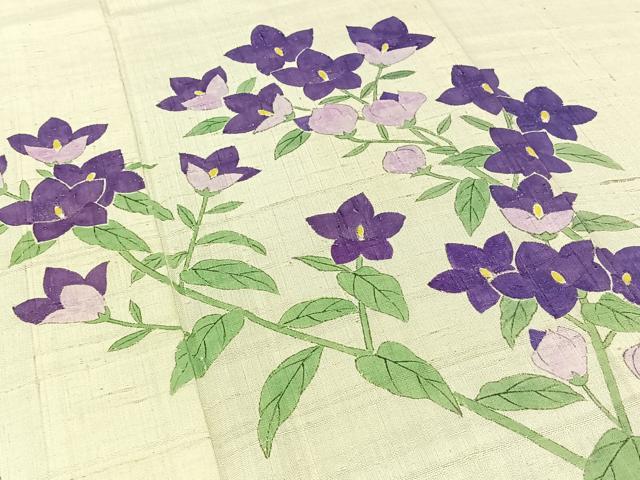 平和屋着物▽新田玉鳳 訪問着 単衣 生紬地 手描き 草花文 正絹 逸品 AABD6983jh