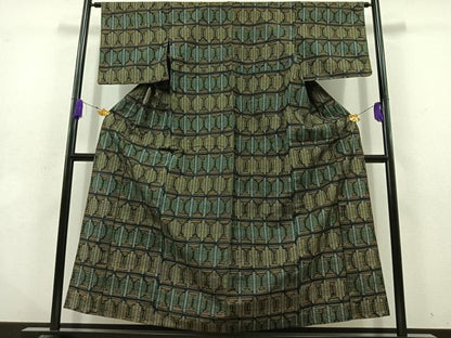 平和屋着物▽上質な紬 単衣 幾何学文様 正絹 逸品 AABD6985jh