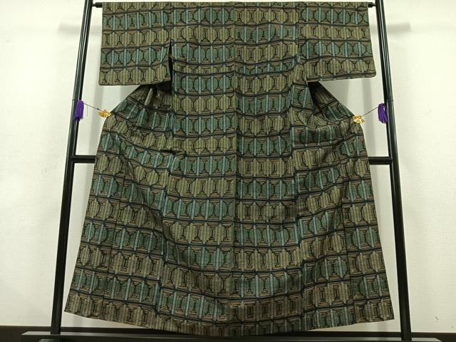 平和屋着物▽上質な紬 単衣 幾何学文様 正絹 逸品 AABD6985jh