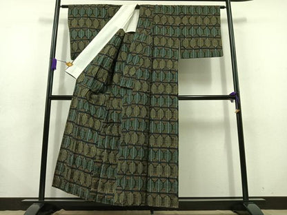 平和屋着物▽上質な紬 単衣 幾何学文様 正絹 逸品 AABD6985jh