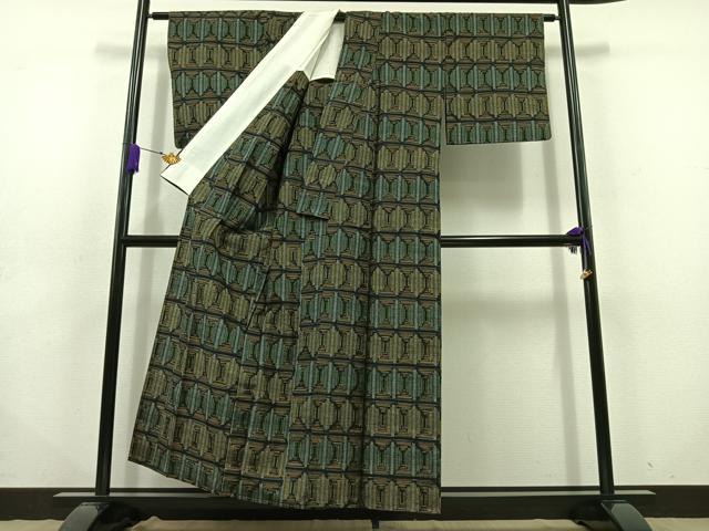 平和屋着物▽上質な紬 単衣 幾何学文様 正絹 逸品 AABD6985jh