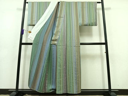 平和屋着物▽上質な小紋 単衣 縞 正絹 逸品 AABD6996jh