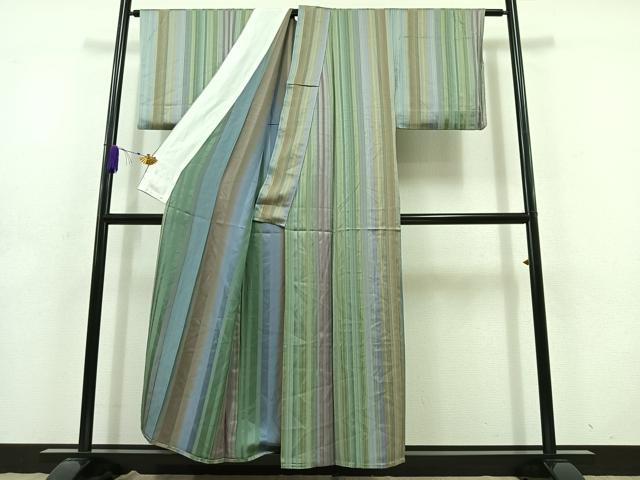 平和屋着物▽上質な小紋 単衣 縞 正絹 逸品 AABD6996jh