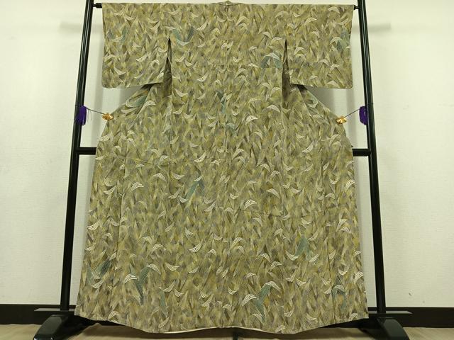 平和屋着物▽上質な小紋　単衣　草葉文　鬼しぼ縮緬　正絹　逸品　AABD6999jh