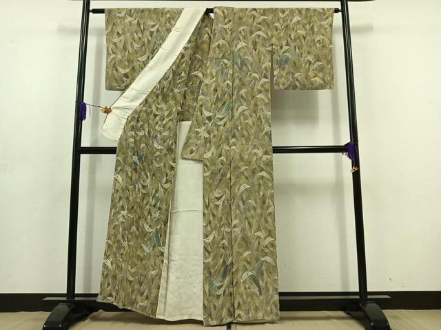 平和屋着物▽上質な小紋　単衣　草葉文　鬼しぼ縮緬　正絹　逸品　AABD6999jh