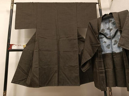 平和屋着物●男性　紬　アンサンブル　色無地　赤墨色　正絹　逸品　AABD7019ph